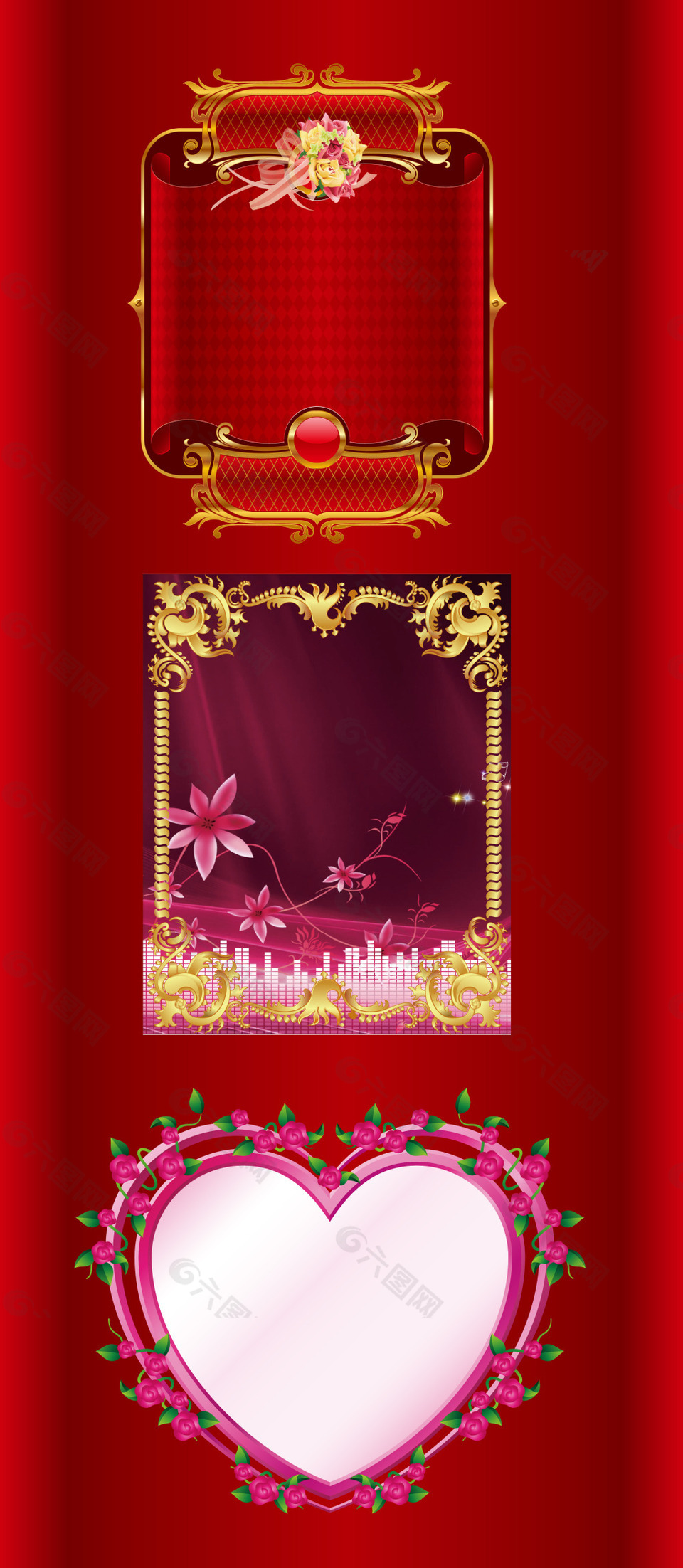 金色花紋邊框粉色心形背景