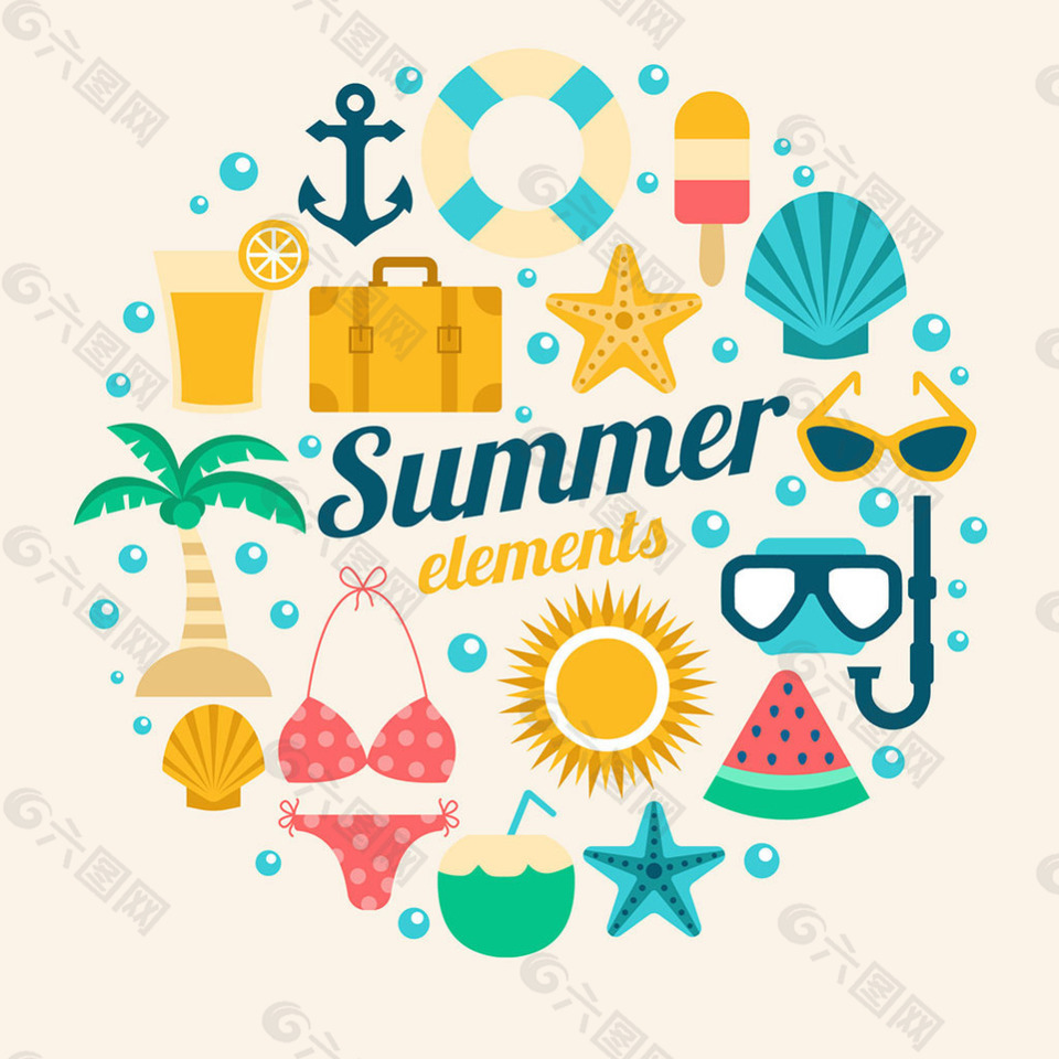 夢幻般的各種夏天元素矢量素材