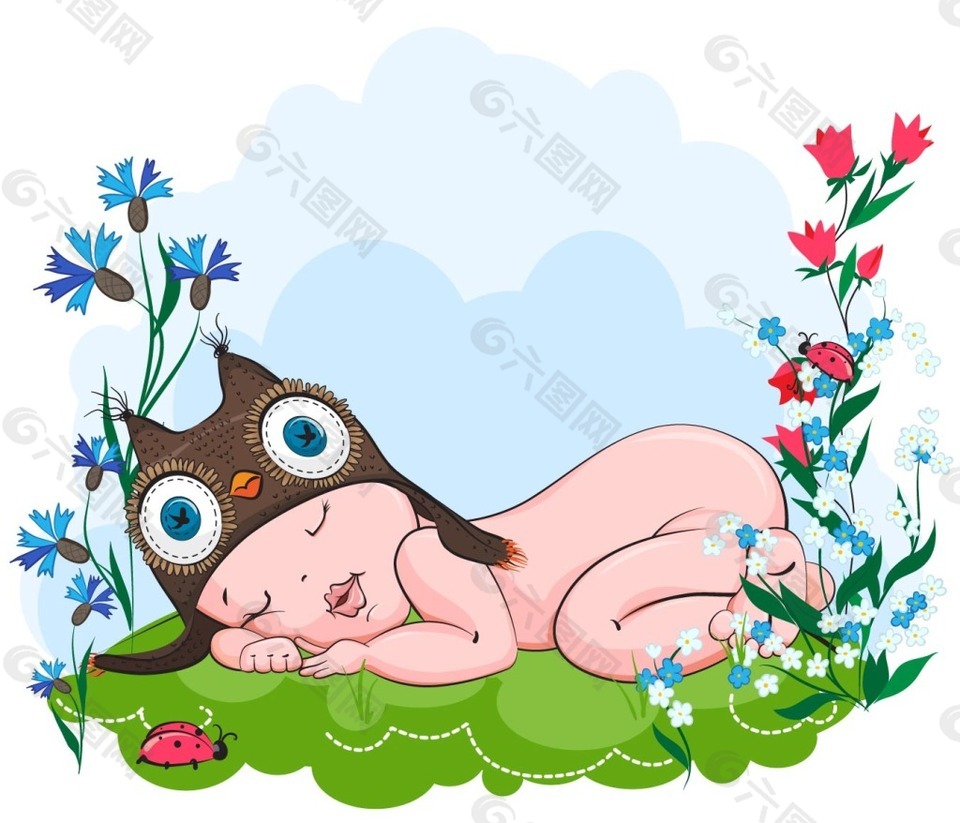 戴貓頭鷹帽子睡覺的寶寶插畫矢量素材