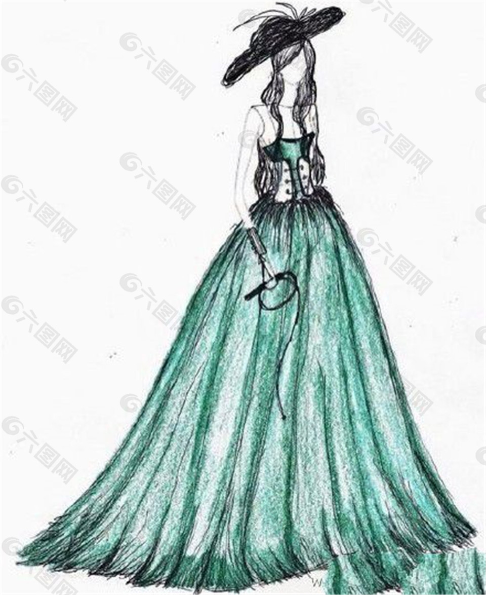 綠色吊帶長裙禮服設計圖