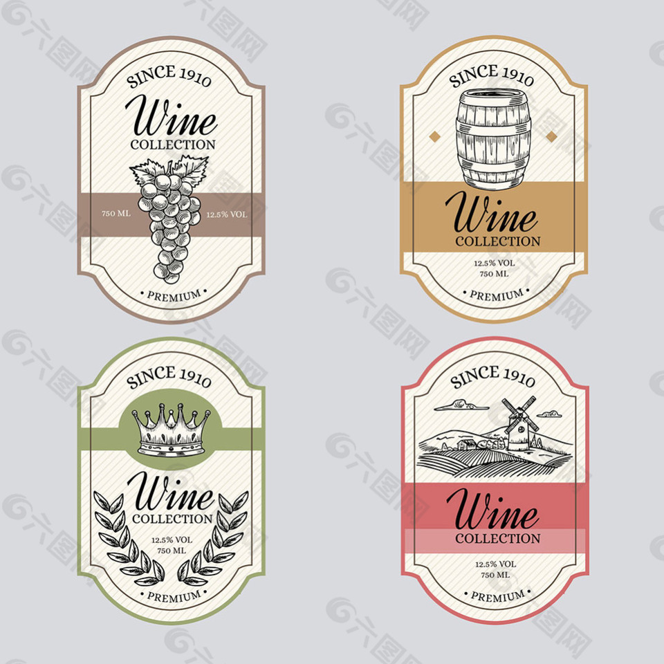 手绘复古风格葡萄酒标签
