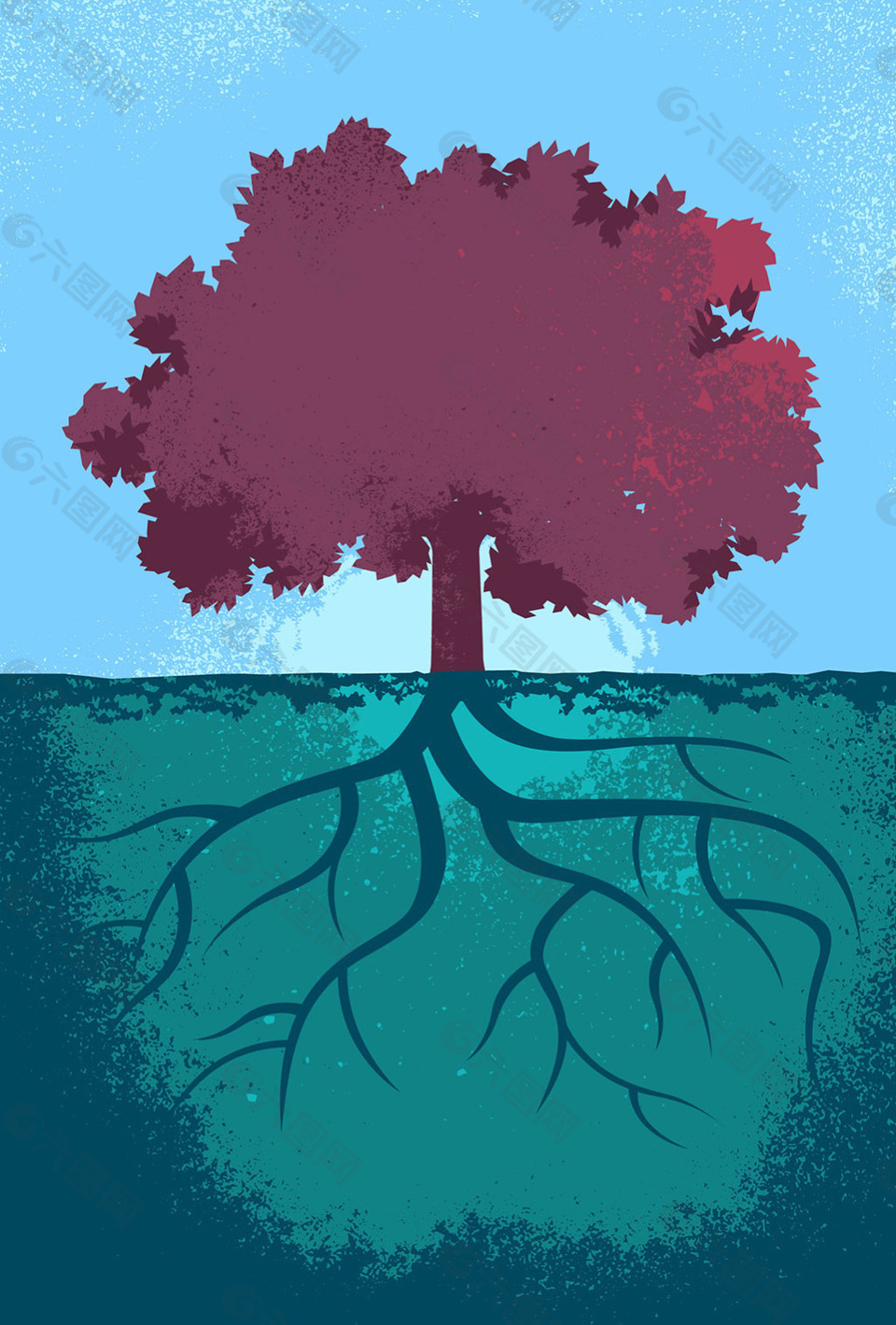 紫色大樹和樹根插圖