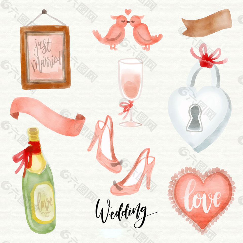 水彩風格香檳婚禮裝飾物品矢量素材