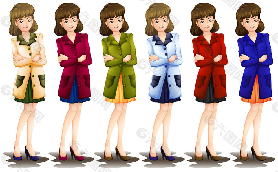 穿不同顏色大衣披風(fēng)的女性角色插圖