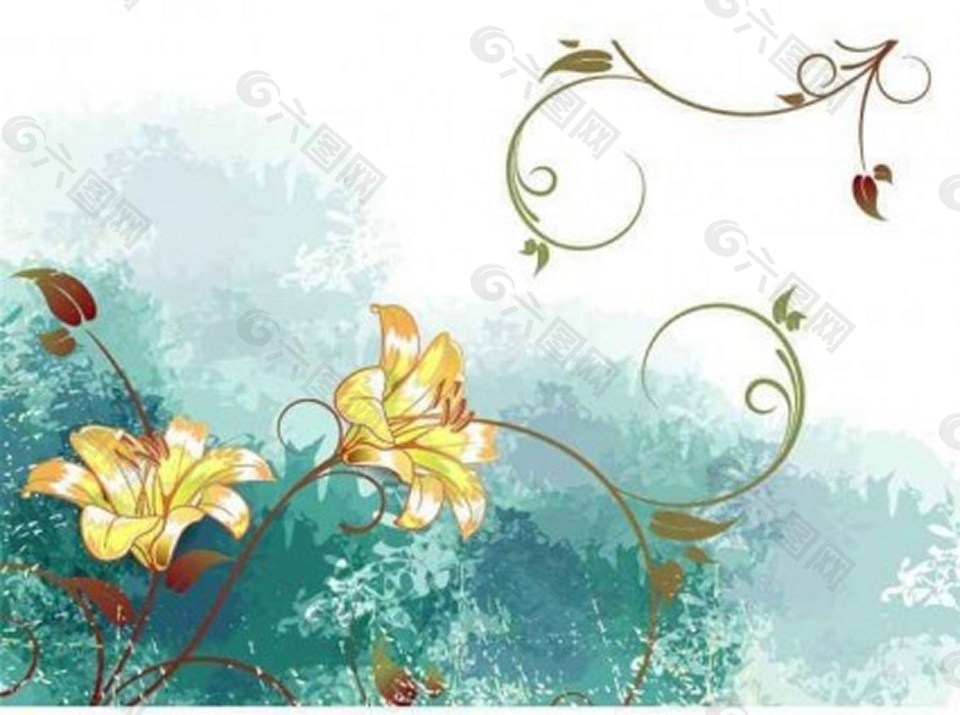 綠色水墨鮮花背景圖