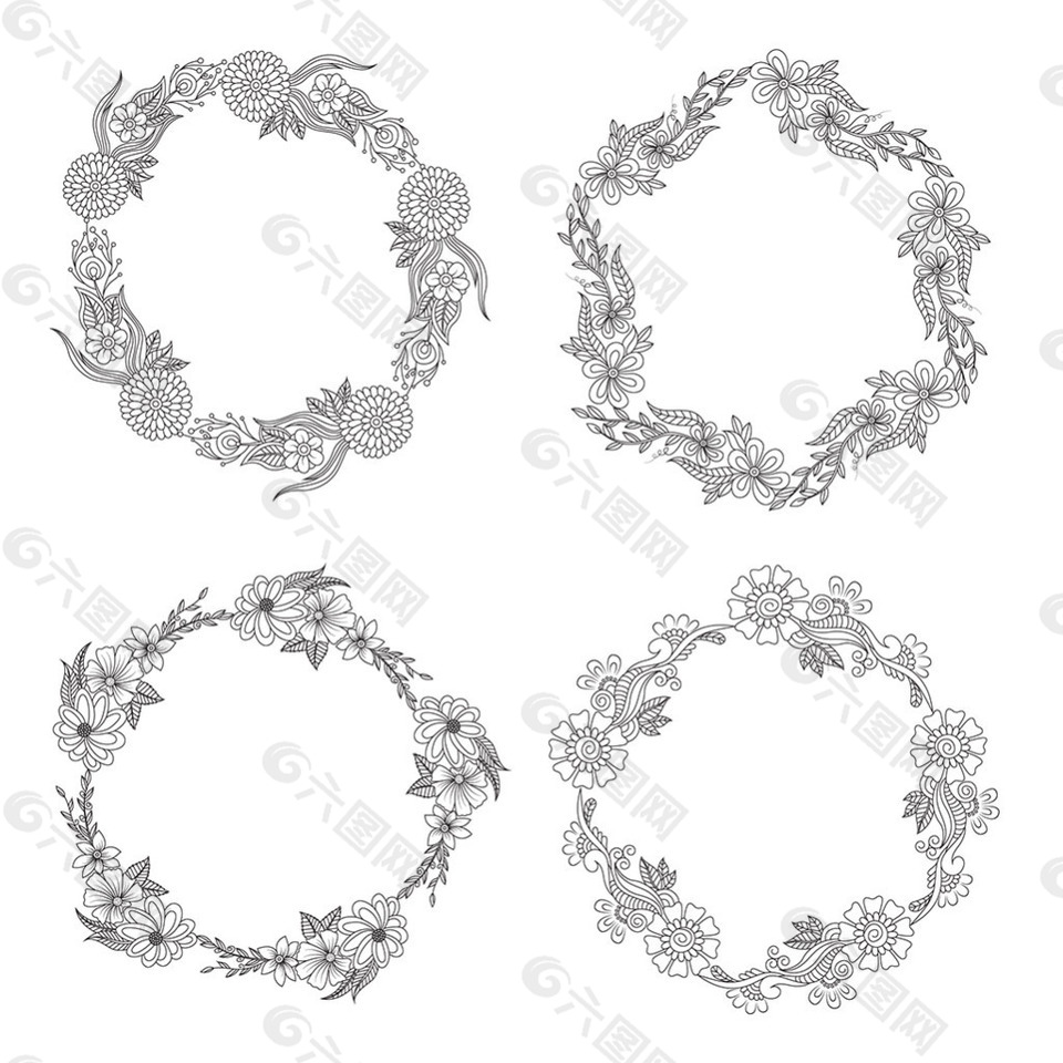 黑白花卉圆形边框矢量素材