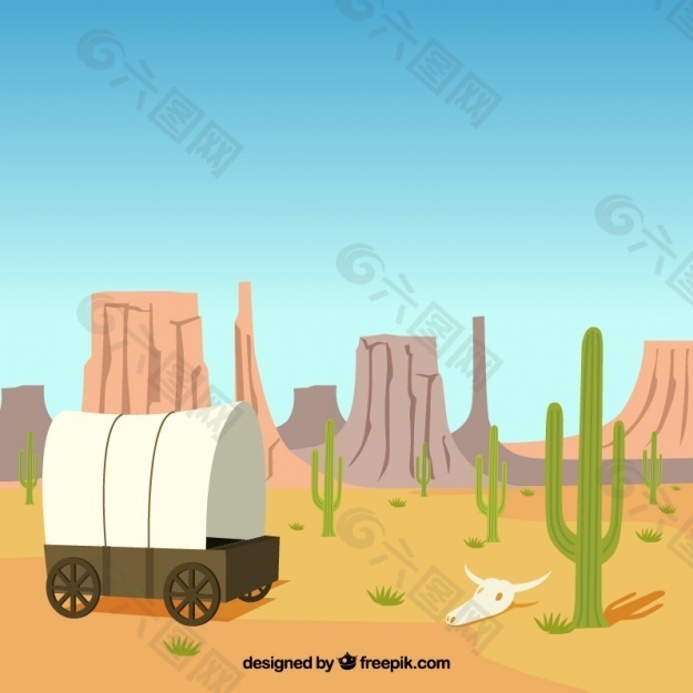沙漠背景与马车和落基山脉