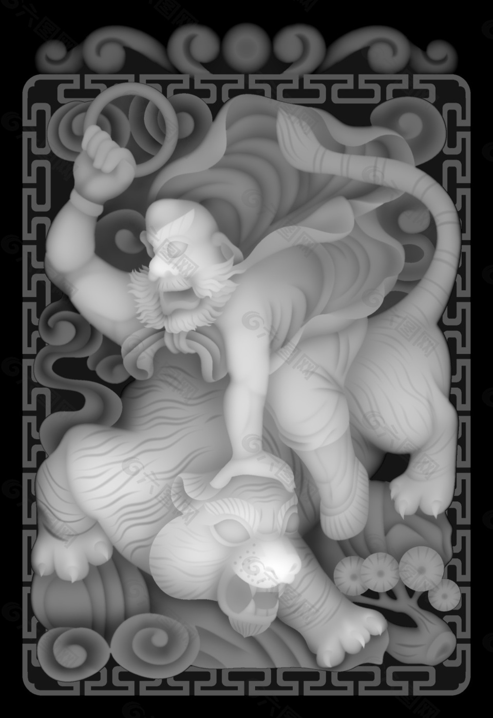 伏虎罗汉灰度图浮雕图