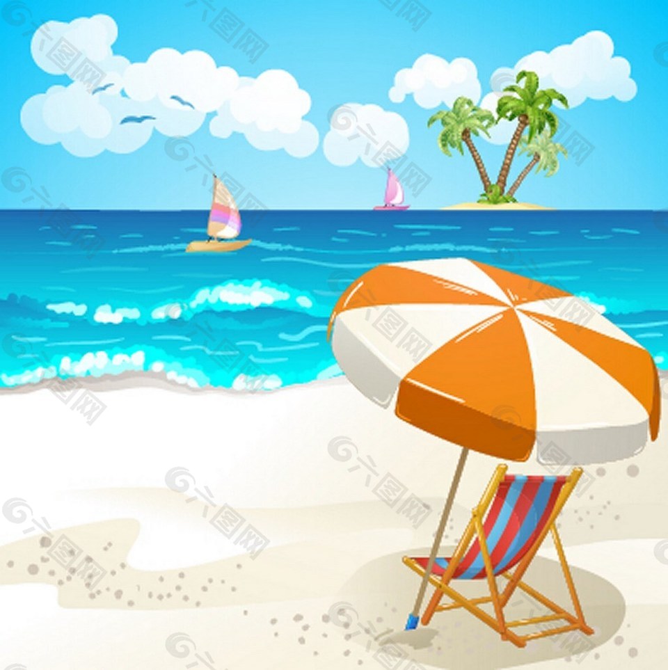 夏日暑假海灘遮陽傘背景圖