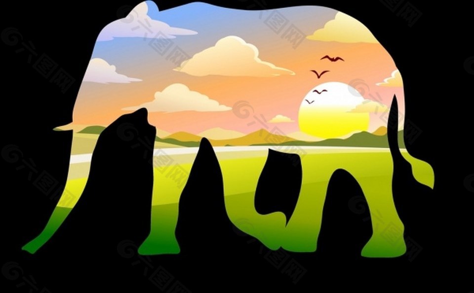 大象素描風(fēng)格豐富多彩的滲透自然風(fēng)景裝飾免費(fèi)矢量