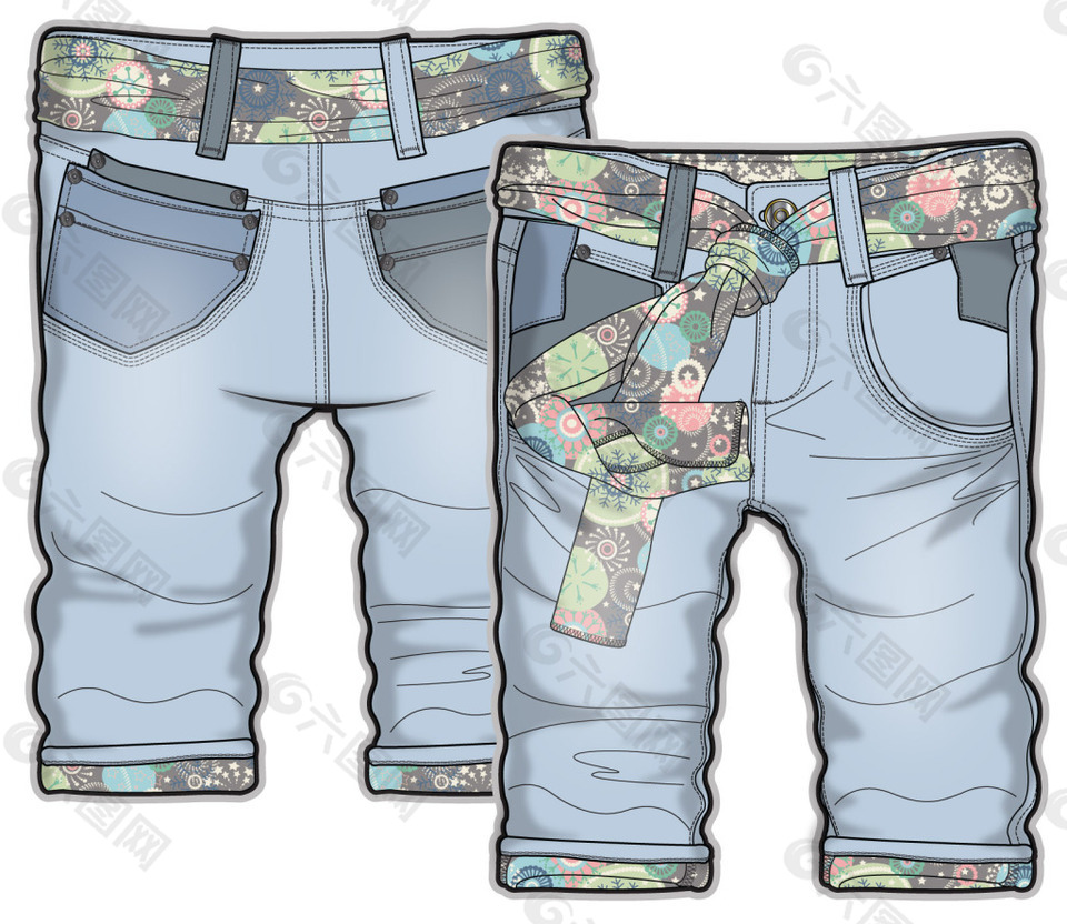 牛仔褲子女寶寶服裝設(shè)計彩色稿件矢量素材