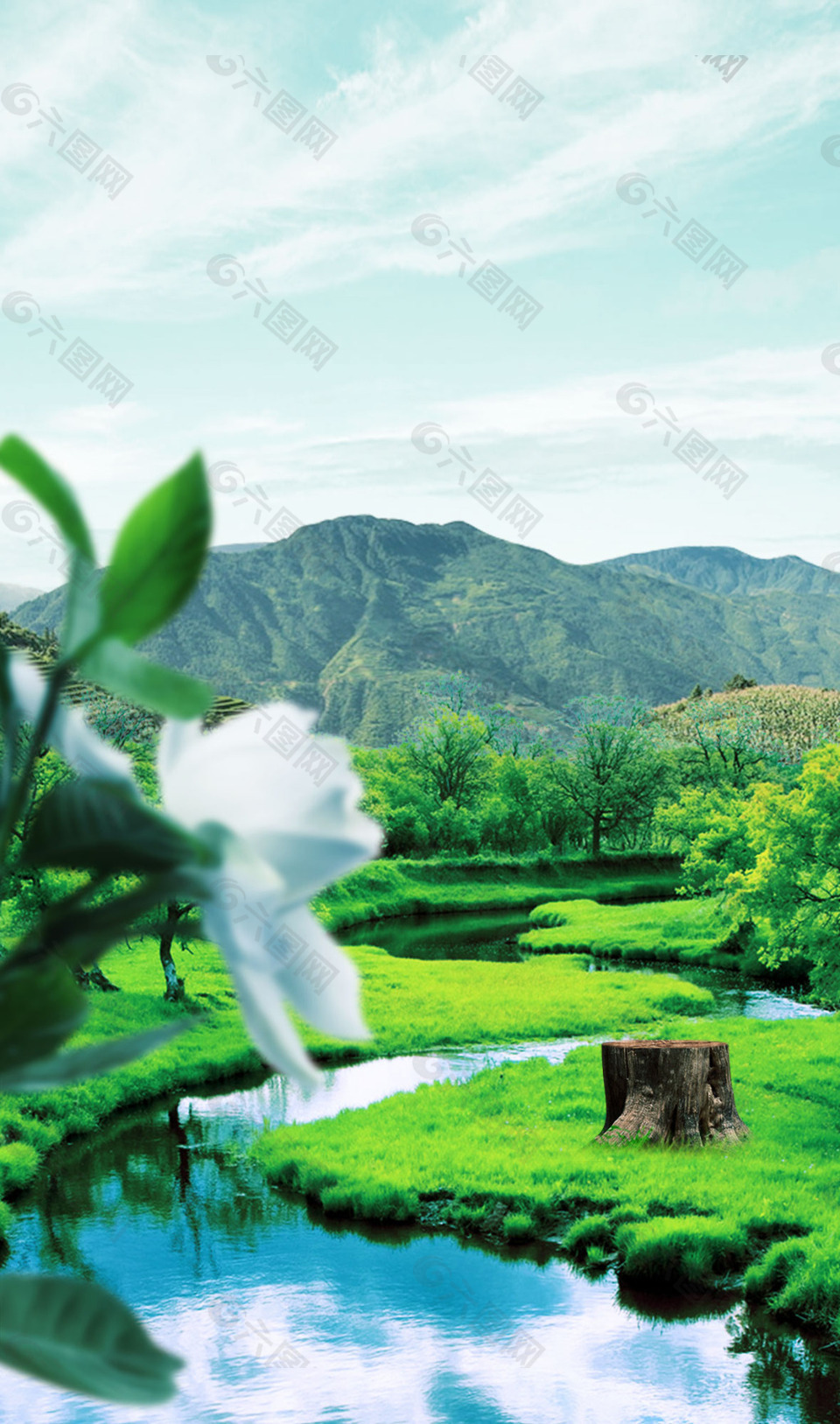 青山綠水河流草地自然背景