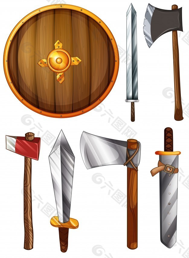 白色背景下盾、劍、斧的插圖