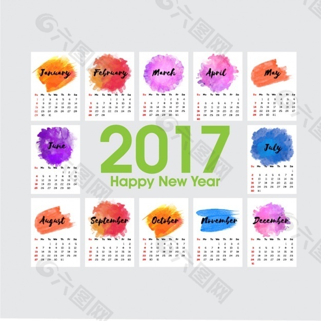 2017日歷水彩顏料在不同的顏色