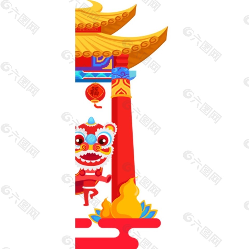 手绘凉亭舞狮元素