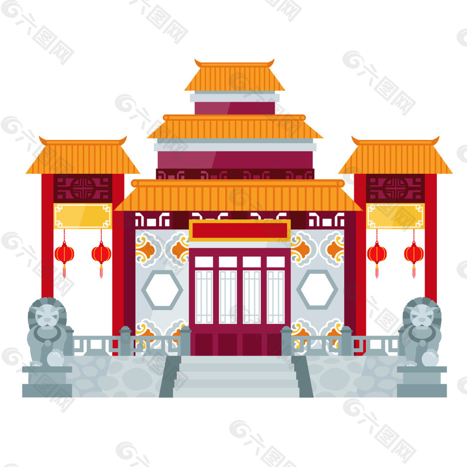 红色古代建筑房屋矢量素材