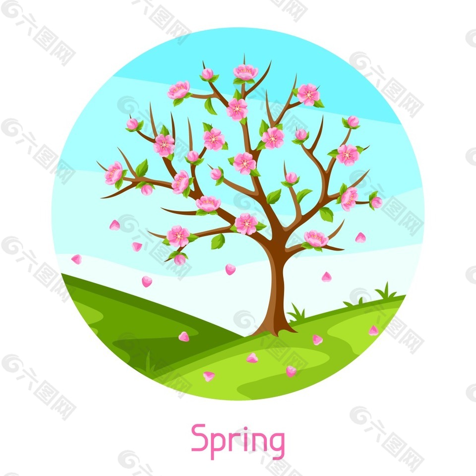 春天开满桃花的桃树插画