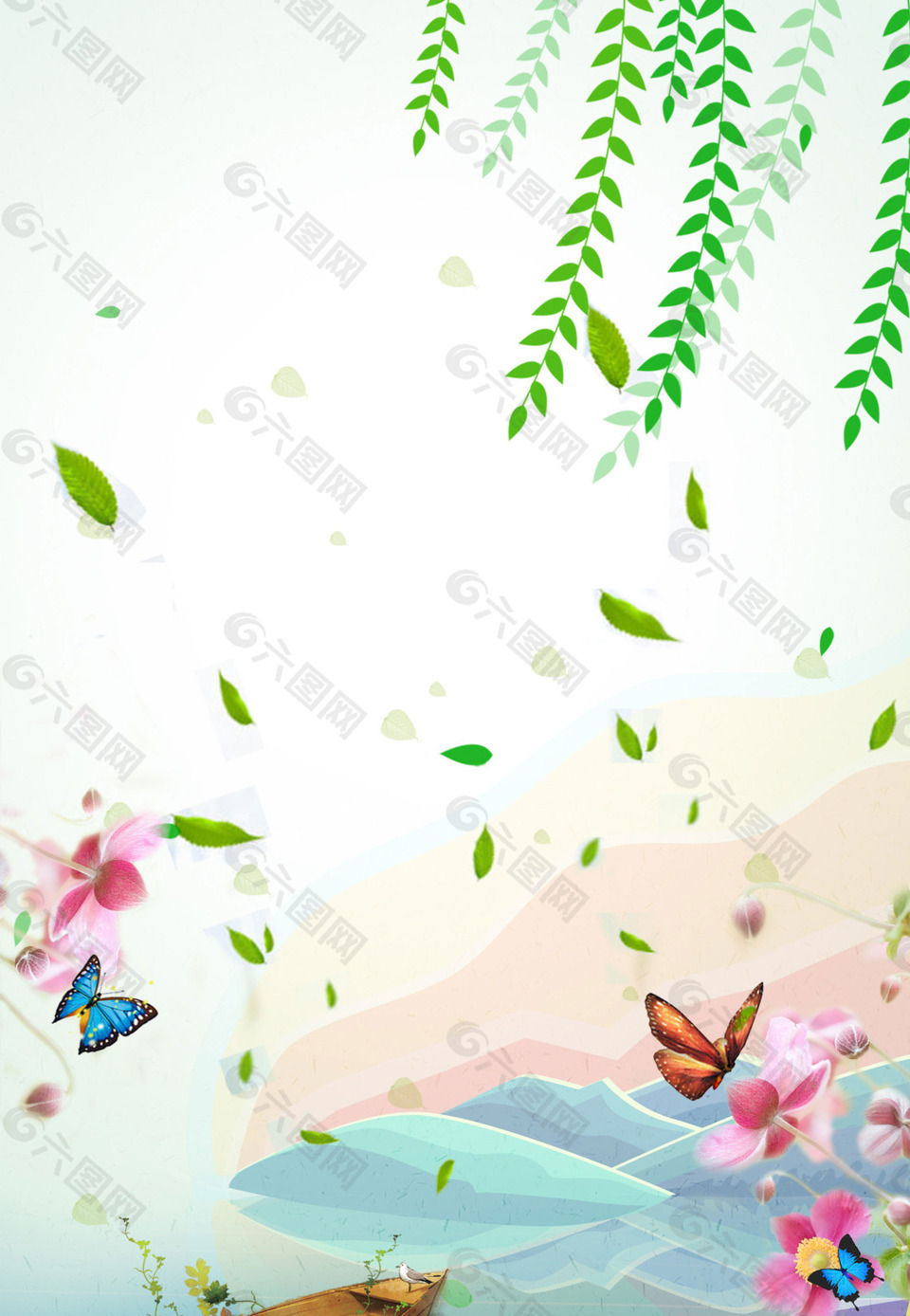 小清新春天柳葉蝴蝶背景