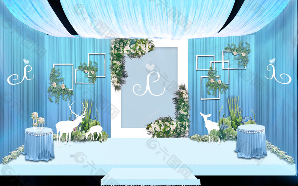藍(lán)色森林系婚禮舞臺(tái)背景