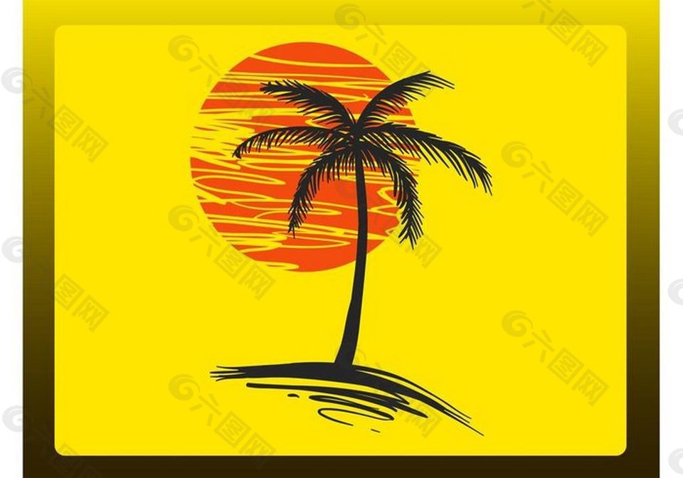 太陽椰子樹黃色背景素材
