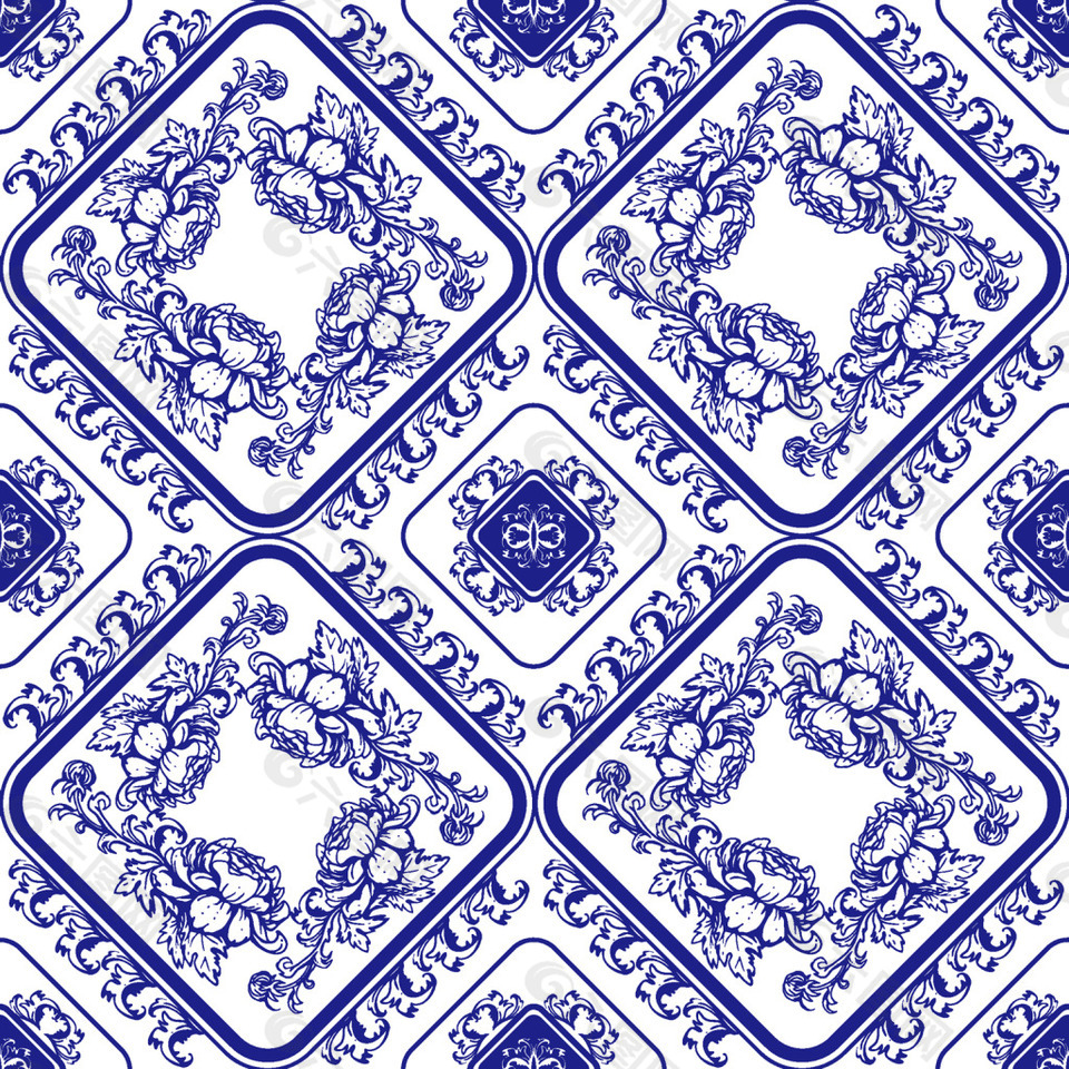 復(fù)古藍(lán)色青花瓷紋樣矢量素材