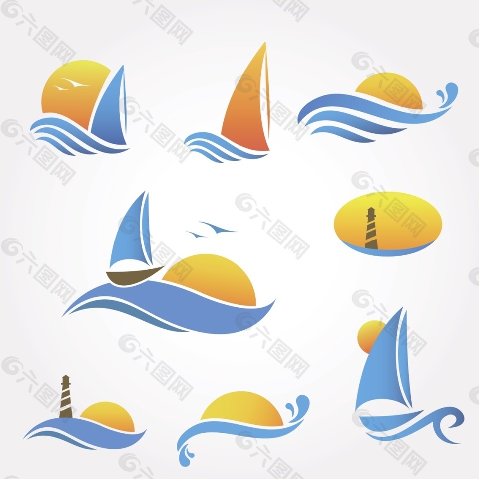 浪花夕陽(yáng)帆船矢量素材