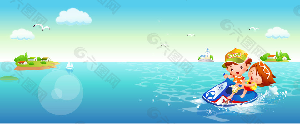 清新矢量夏季沖浪小人卡通海報背景