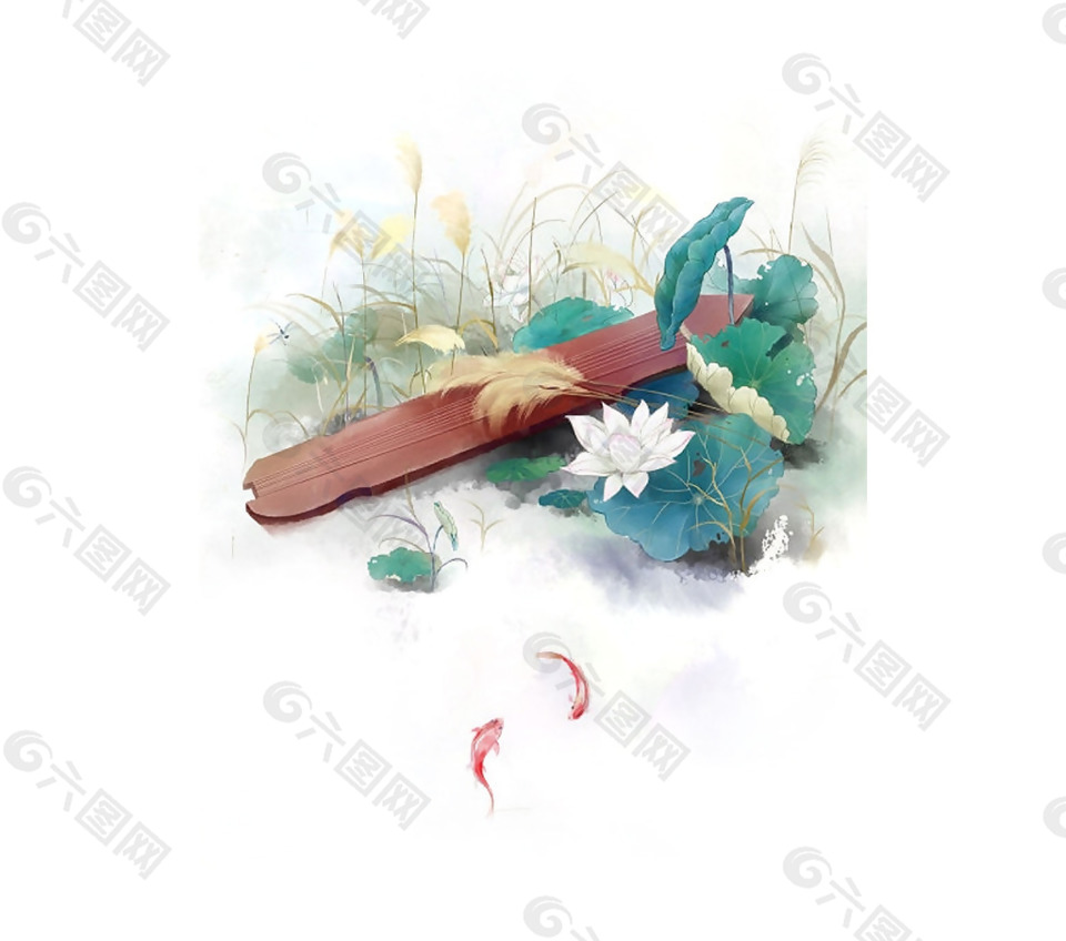 手繪水墨荷花元素