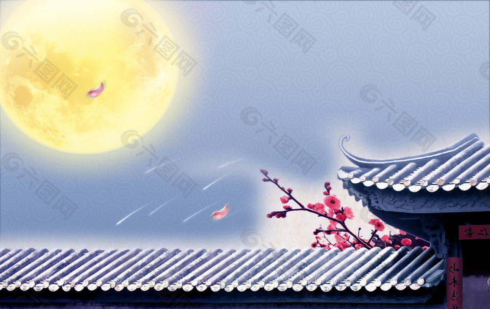 屋頂圓月中秋元素背景