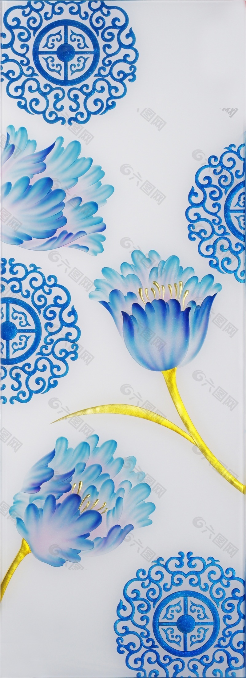 藍(lán)色手繪荷花圖案玻璃移門素材