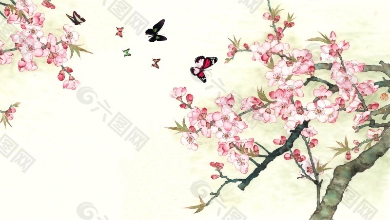國畫桃花瓷磚背景墻帶路徑