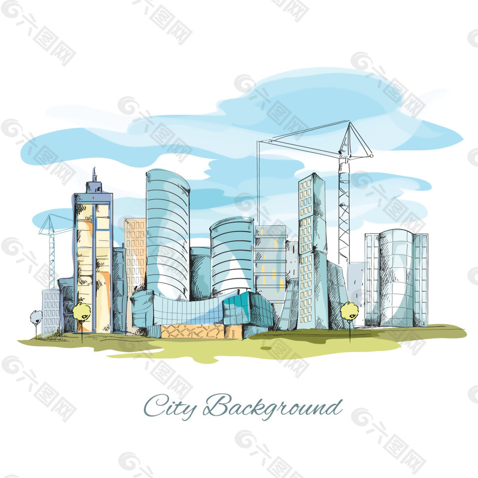 手绘水彩城市建筑插画平面广告素材免费下载(图片编号