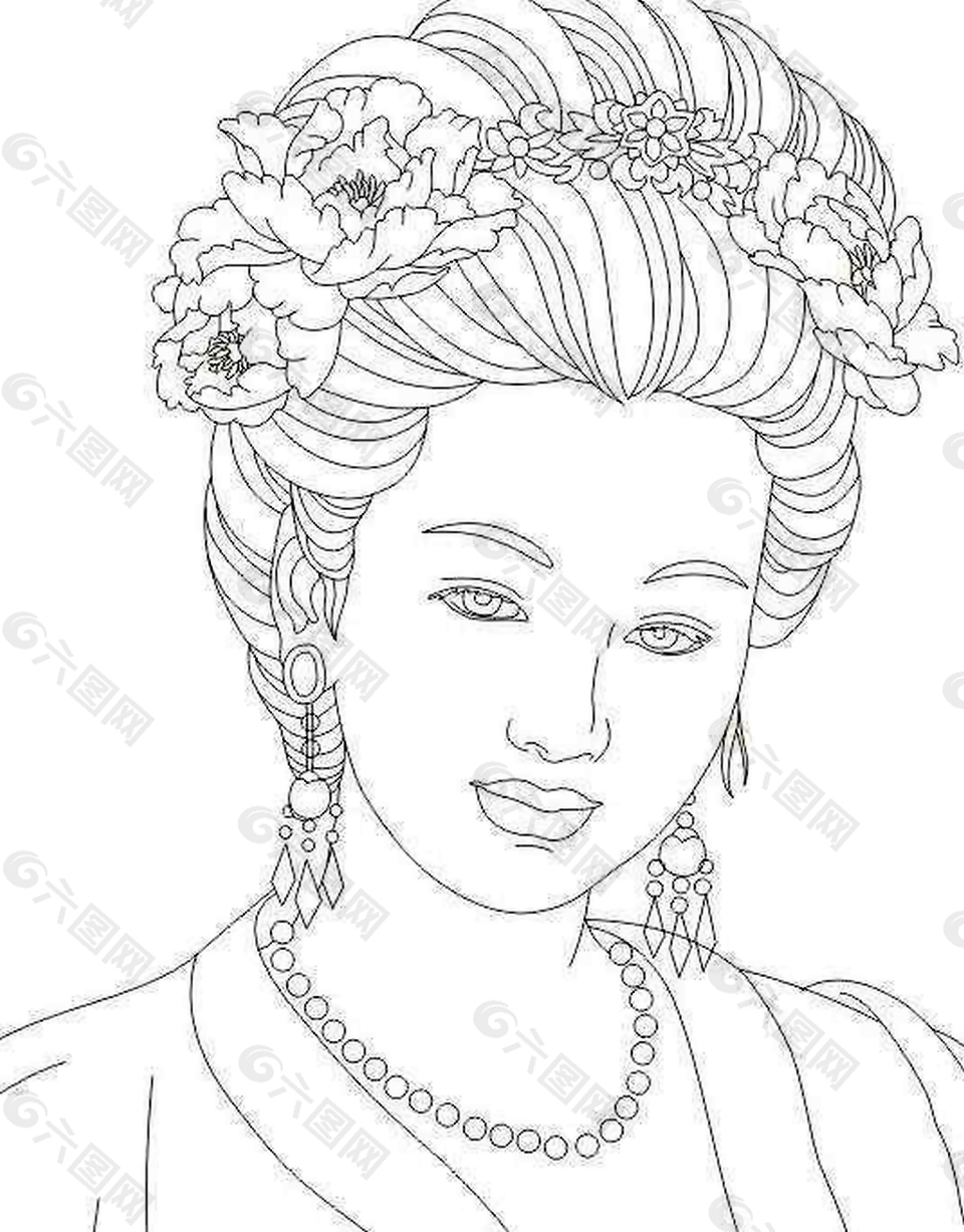 白描雕刻仕女花紋家裝裝飾畫