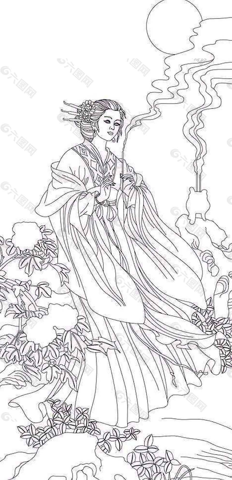 月亮白描仕女家装装饰画