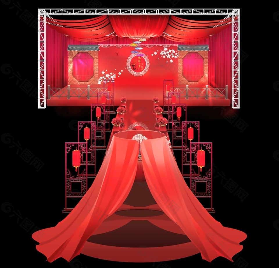 典雅浪漫中式紅色婚禮舞臺(tái)效果圖