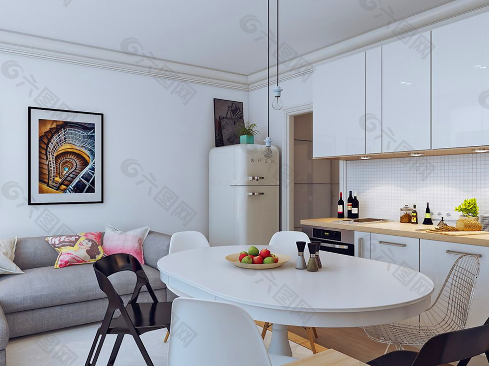 30平米一居室简约小户型客厅餐厅厨房一体装修效果图