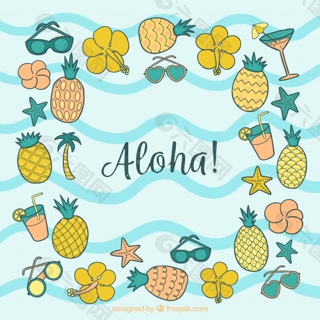 ALOHA背景菠蘿和手繪的花