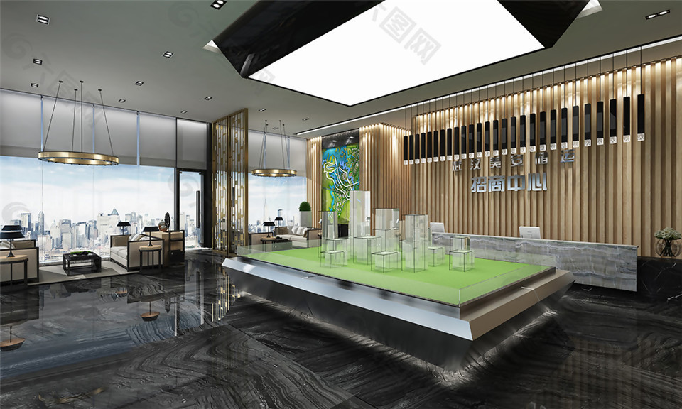 現(xiàn)代時(shí)尚黑色吊燈售樓處工裝裝修效果圖