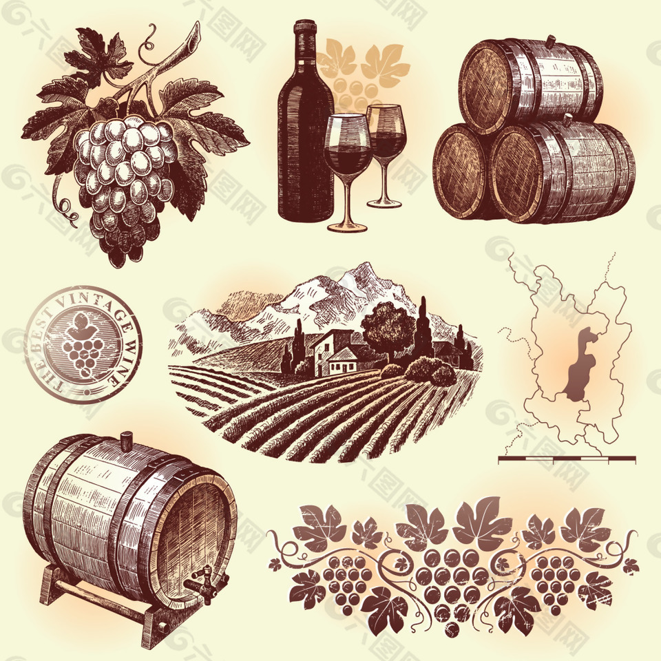棕色手绘葡萄酒卡通矢量素材