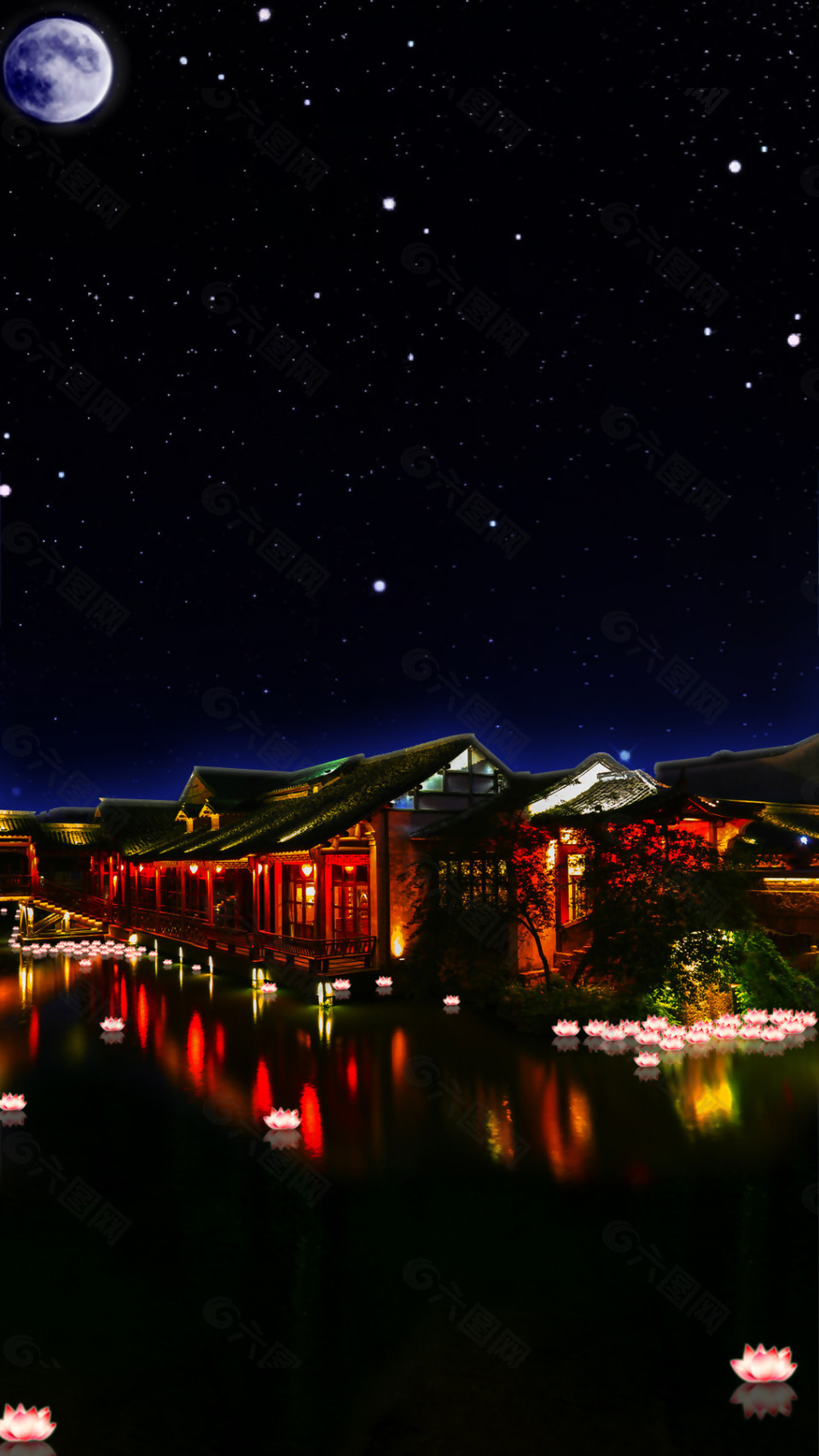 唯美星空小鎮(zhèn)河燈風(fēng)景海報