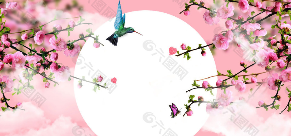 清新粉色花朵鳥banner背景素材