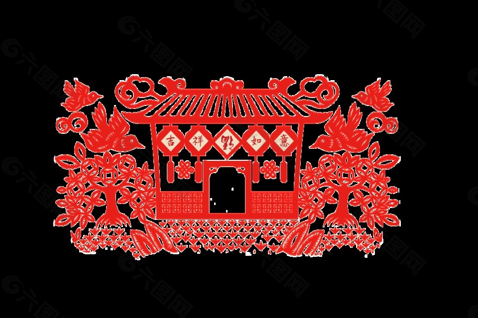 紅色剪紙房子素材