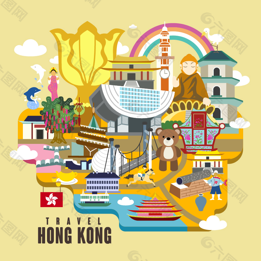 扁平個(gè)性香港旅行插畫