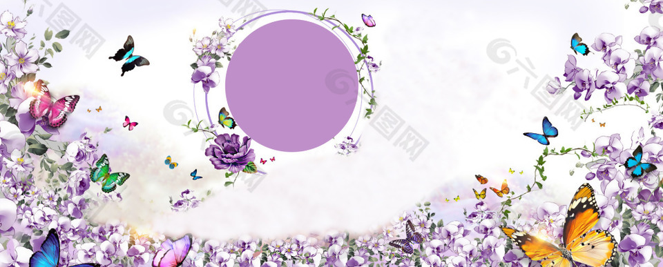 唯美彩色花朵蝴蝶banner背景素材