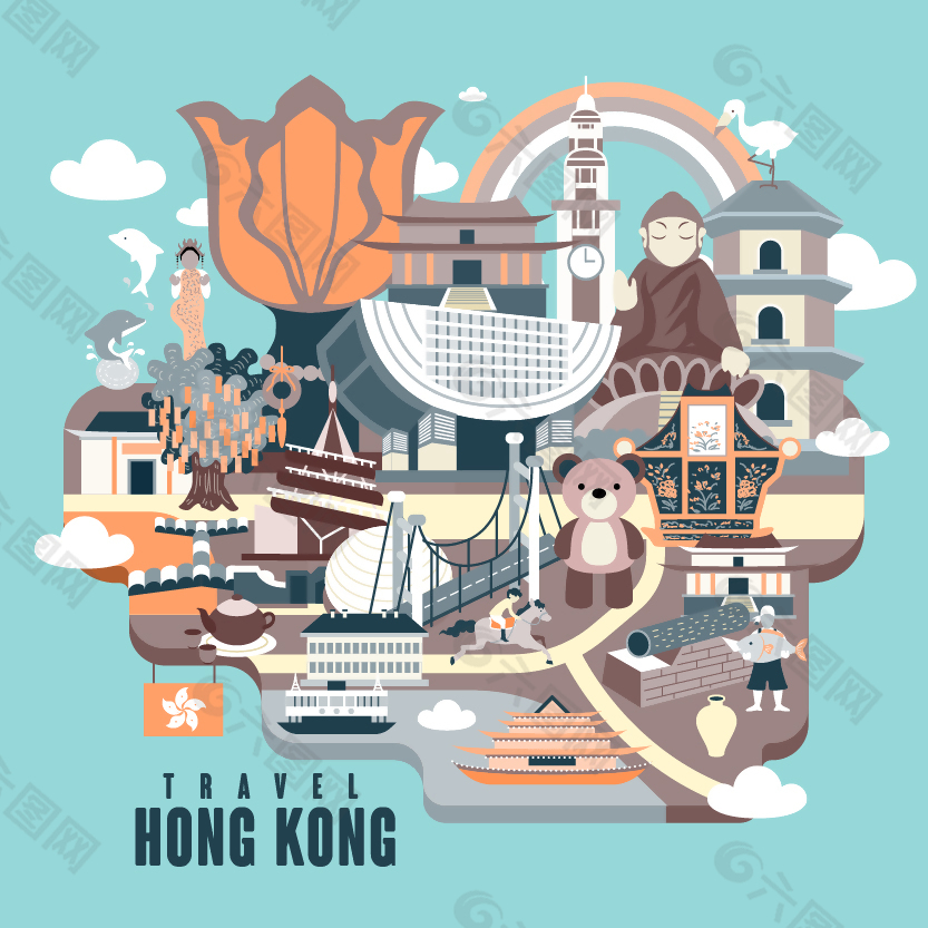 卡通時尚香港地標(biāo)性建筑插畫