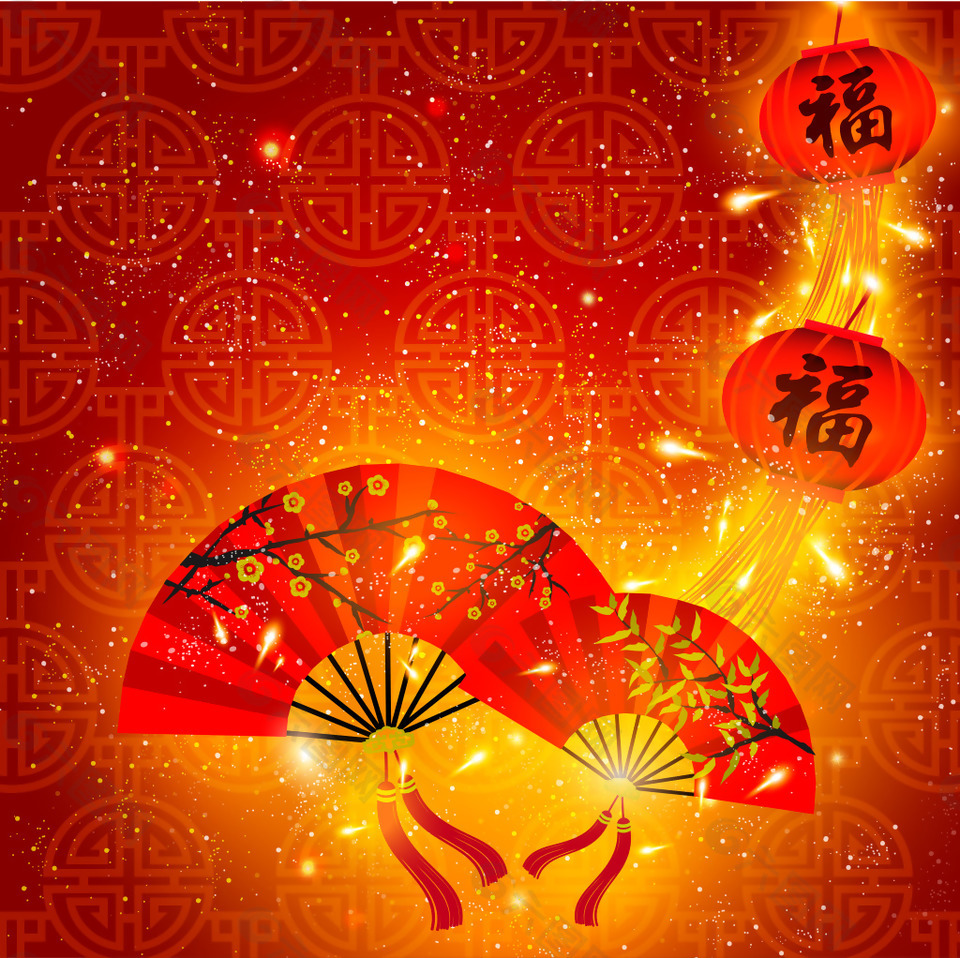 矢量中國風春節(jié)新年燈籠折扇背景