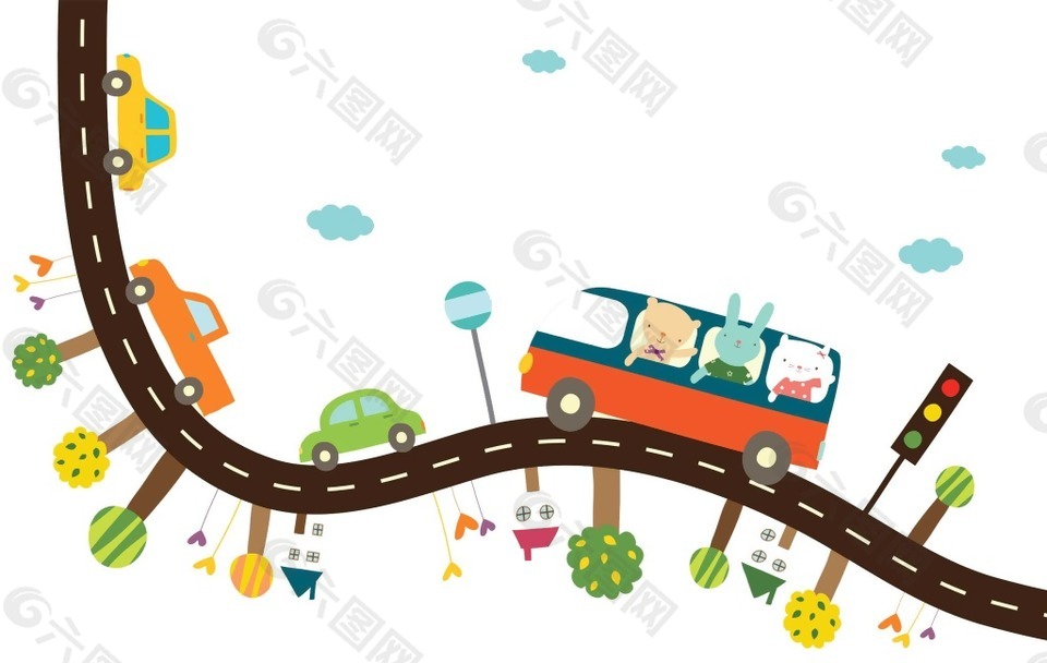 卡通汽車樹道路PNG元素
