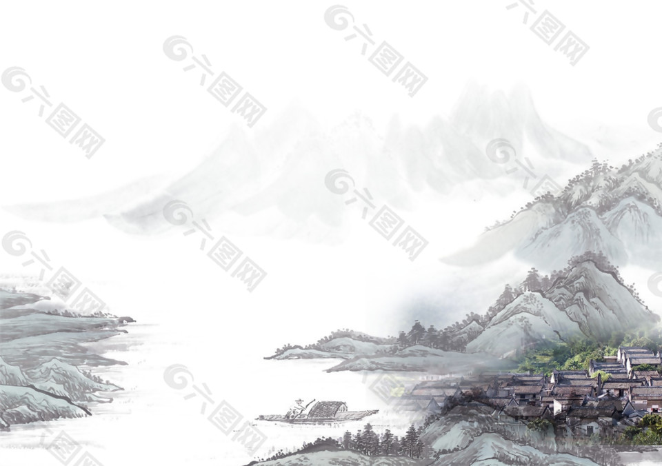 中國風(fēng)淺灰色水墨山水裝飾元素