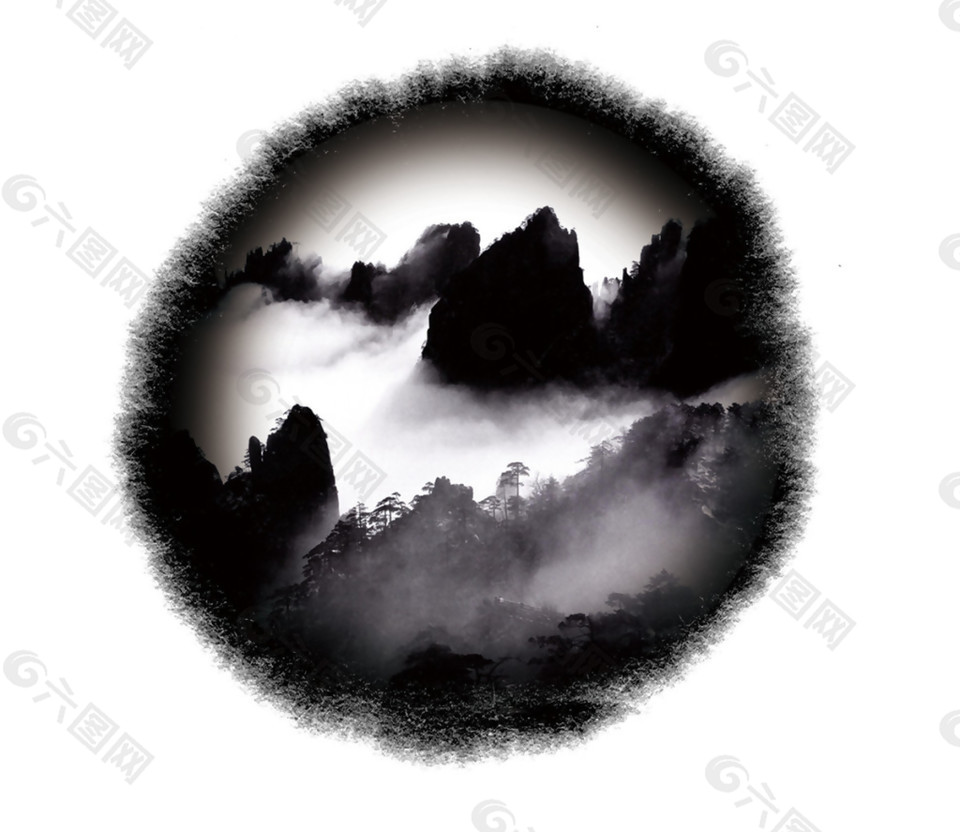 中国风圆形图案水墨山水装饰元素