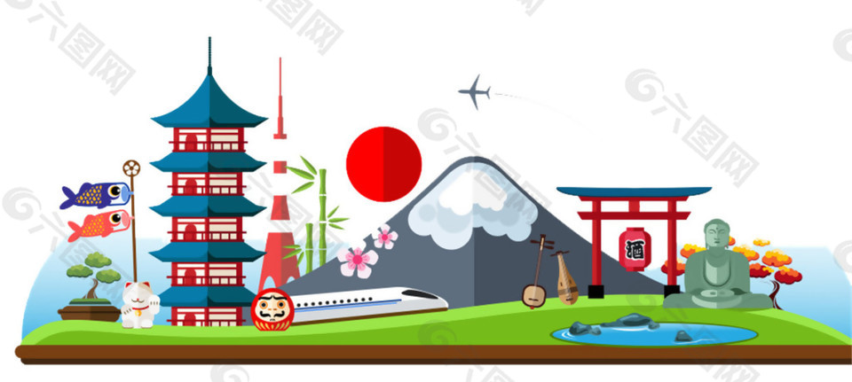 清新風(fēng)格藍(lán)色樓塔日本旅游裝飾元素